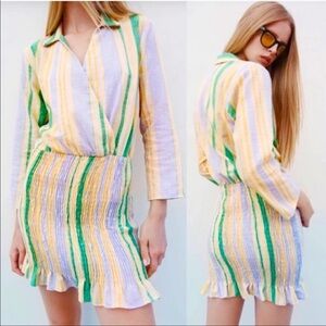 Zara Multicolor Stripe Smocked Long Sleeve Shirt Mini Dress